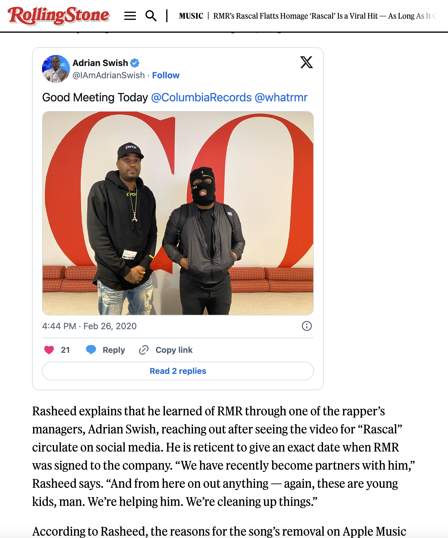 Rolling Stone article screenshot showing Adrian Swish and RMR